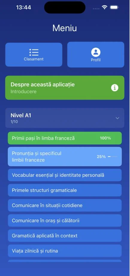Meniul aplicației Fr-Ro: nivelul A1 cu progresul pe capitole