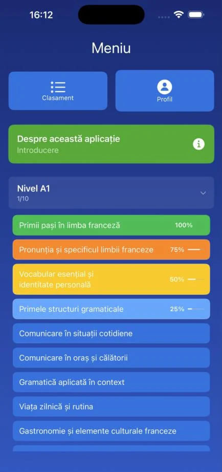 Progresul pe capitole, în procente